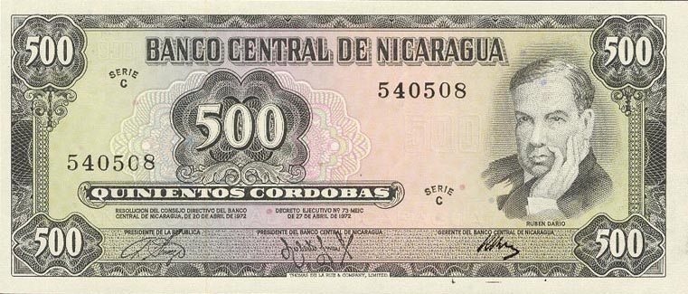 Front of Nicaragua p127a: 500 Cordobas from 1972