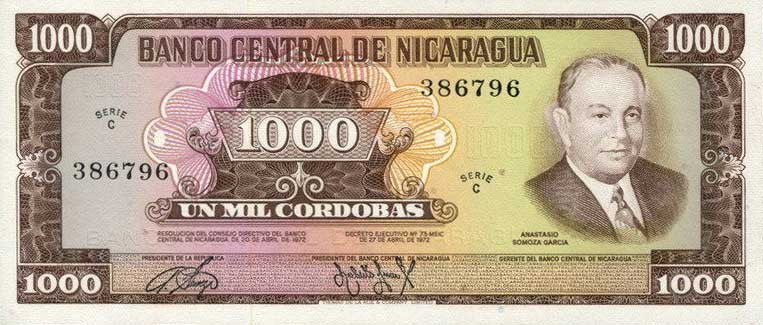 Front of Nicaragua p128b: 1000 Cordobas from 1972