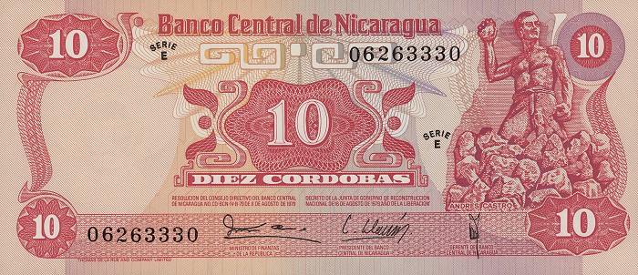 Front of Nicaragua p134a: 10 Cordobas from 1979