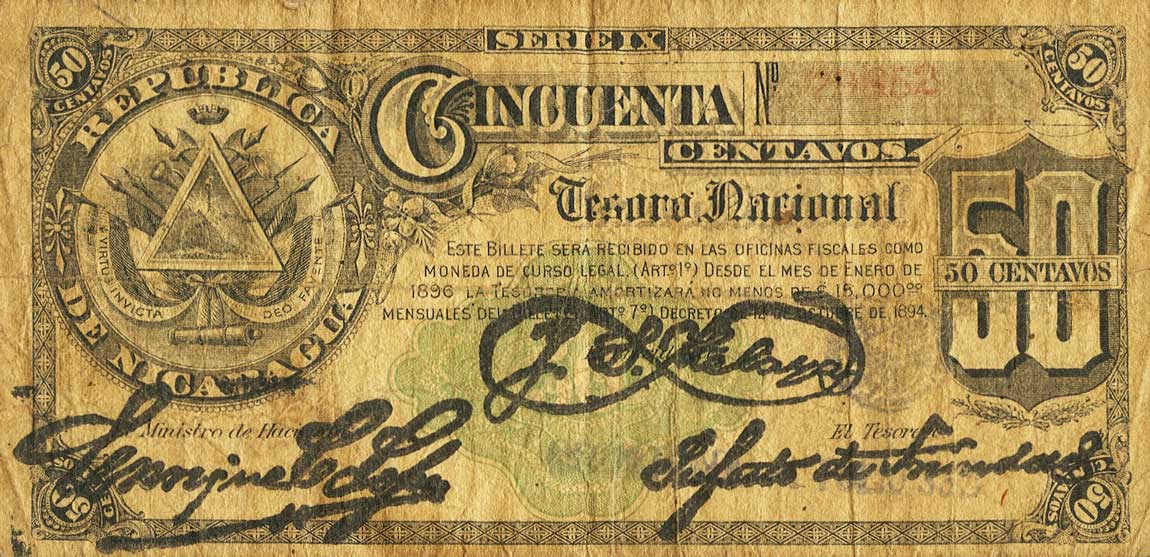 Front of Nicaragua p19c: 50 Centavos from 1894