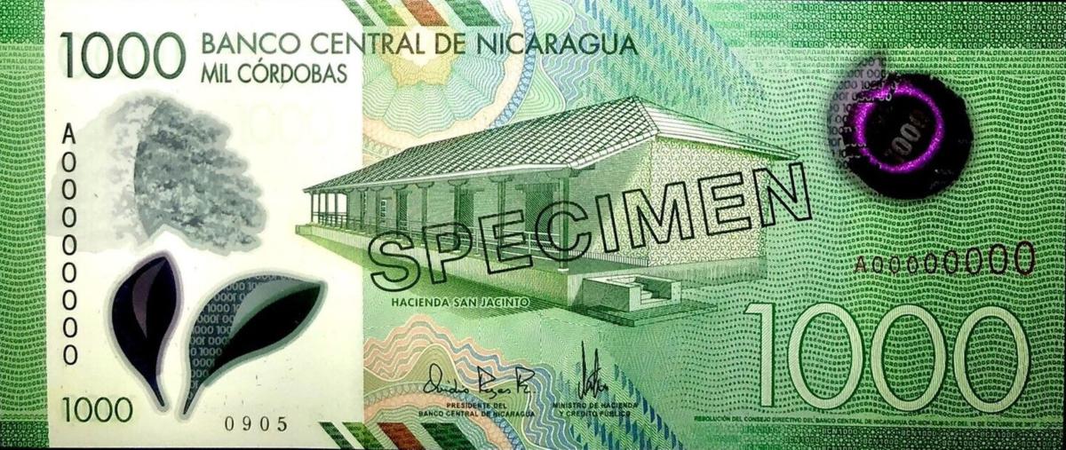 Front of Nicaragua p215s: 1000 Cordobas from 2017