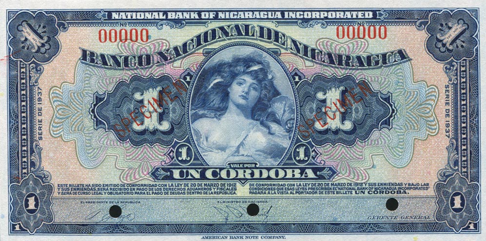 Front of Nicaragua p63s: 1 Cordoba from 1932