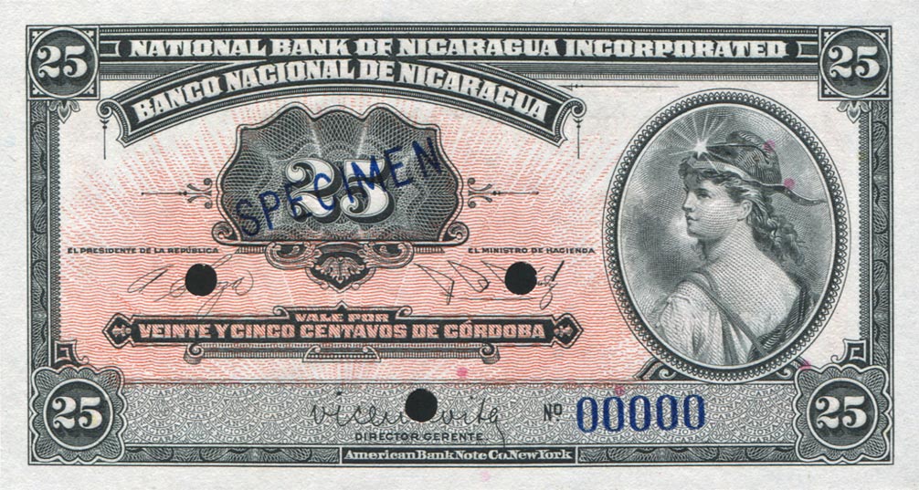Front of Nicaragua p86s: 25 Centavos from 1937