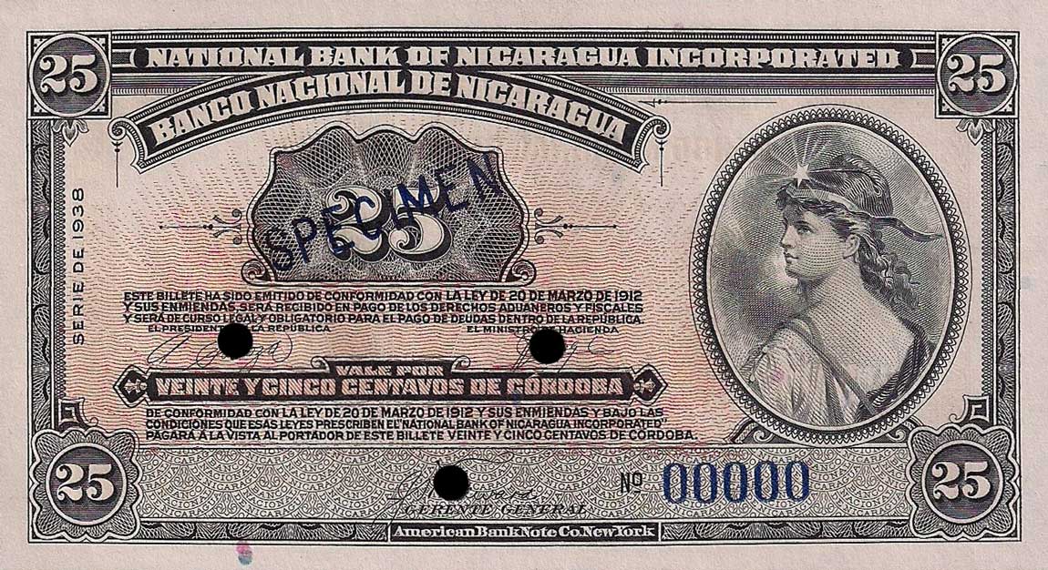 Front of Nicaragua p88s: 25 Centavos from 1938