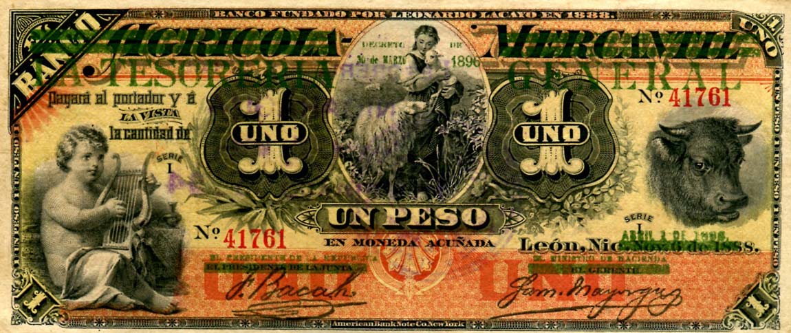Front of Nicaragua pA14a: 1 Peso from 1896