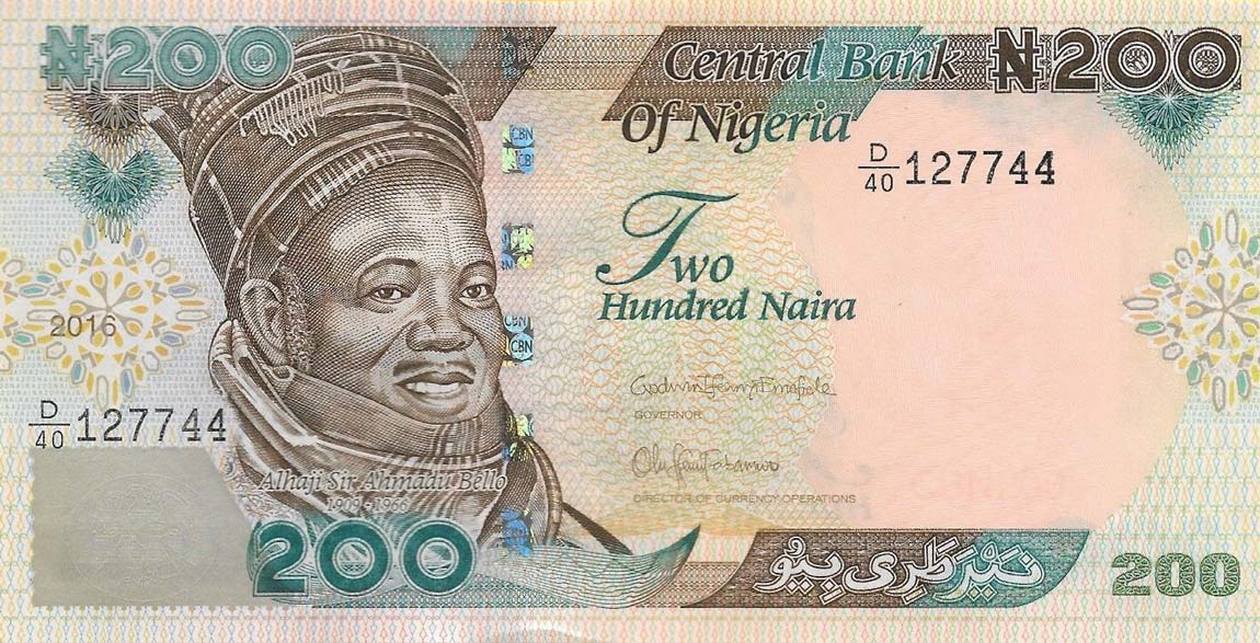 Front of Nigeria p29p: 200 Naira from 2016