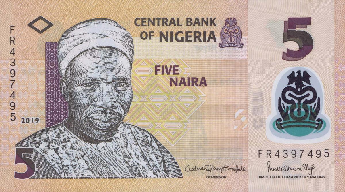 Front of Nigeria p38j: 5 Naira from 2019
