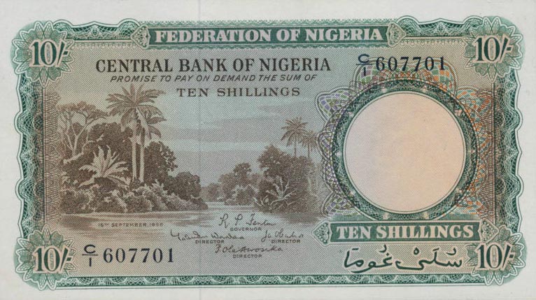 Front of Nigeria p3a: 10 Shillings from 1958