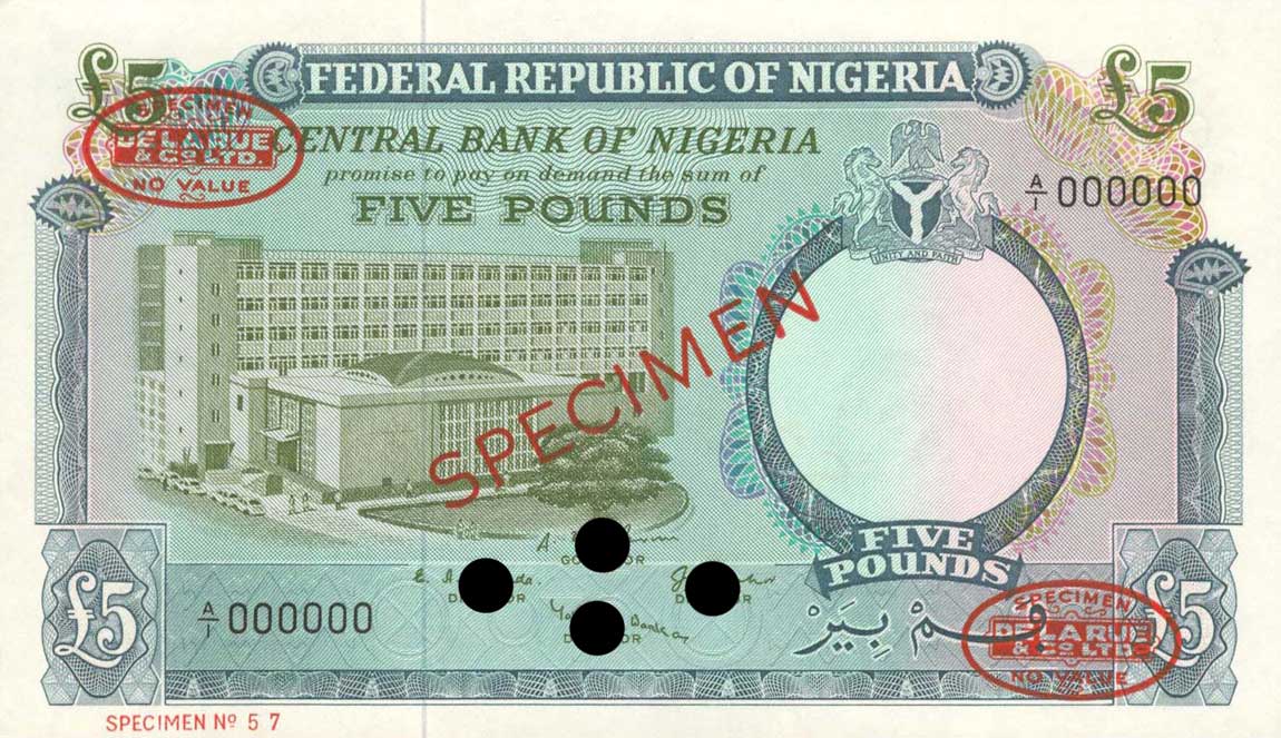 Front of Nigeria p9s: 5 Pounds from 1967
