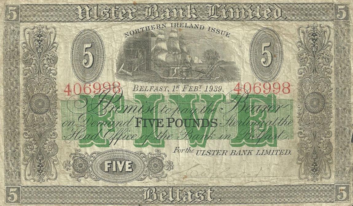 Front of Northern Ireland p316a: 5 Pounds from 1939