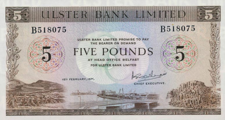 Front of Northern Ireland p326a: 5 Pounds from 1971