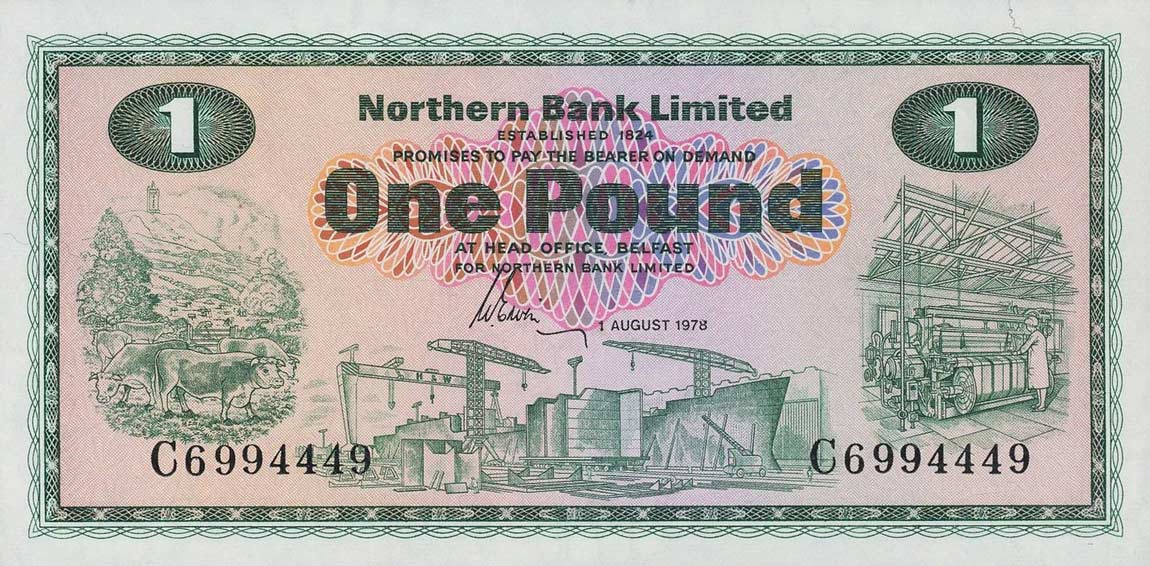 Front of Northern Ireland p187c: 1 Pound from 1970