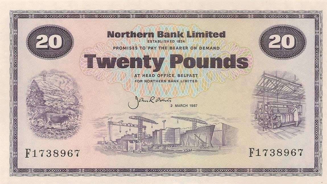 Front of Northern Ireland p190c: 20 Pounds from 1970