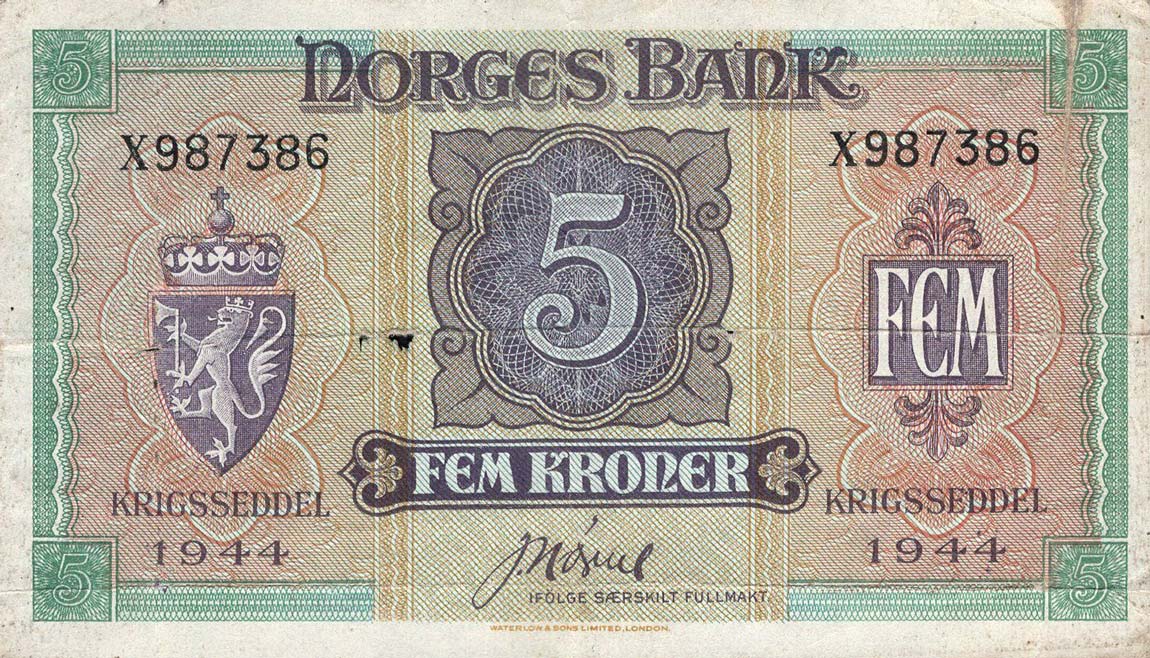 Front of Norway p19b: 5 Kroner from 1944
