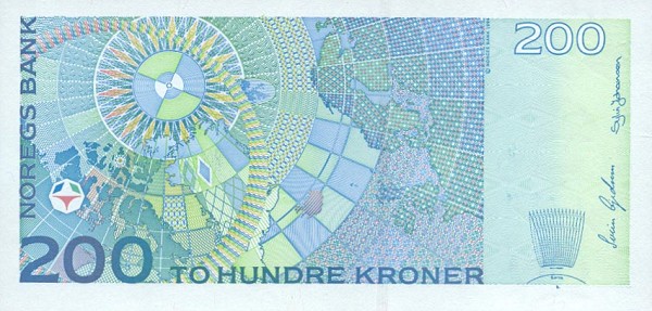 Back of Norway p48c: 200 Krone from 1999