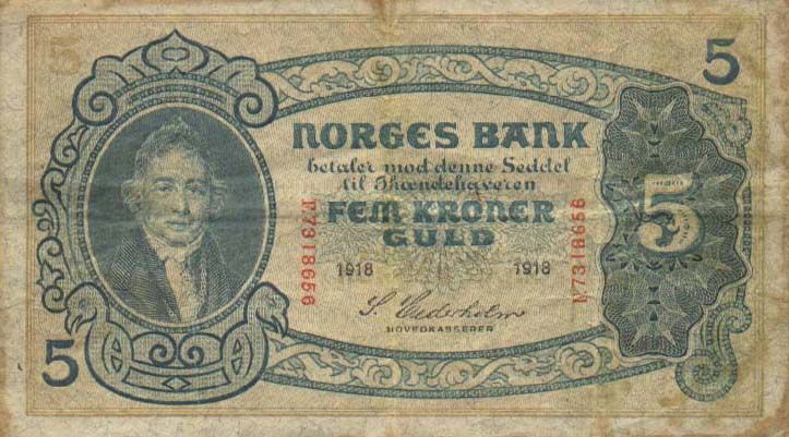 Front of Norway p7b: 5 Kroner from 1916