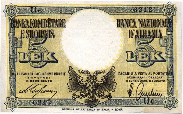 Front of Albania p10: 5 Leke from 1940