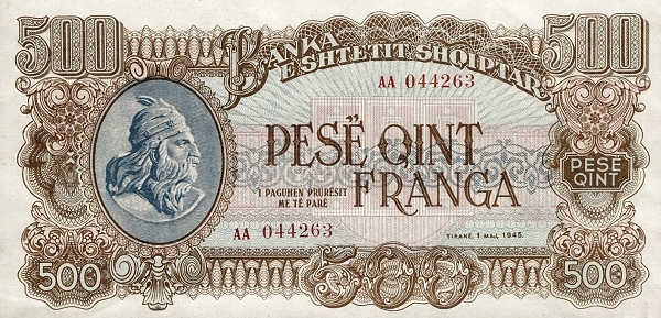 Front of Albania p18: 500 Franga from 1945