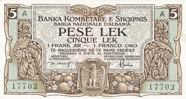 Front of Albania p1a: 5 Leke from 1925