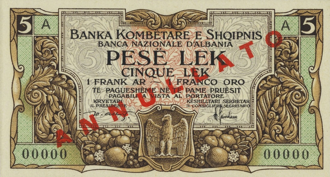 Front of Albania p1s: 5 Leke from 1925
