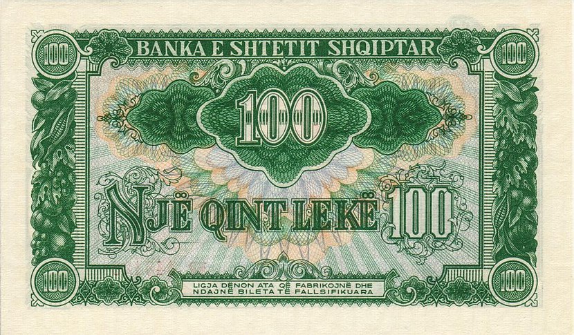 Back of Albania p30a: 100 Leke from 1957
