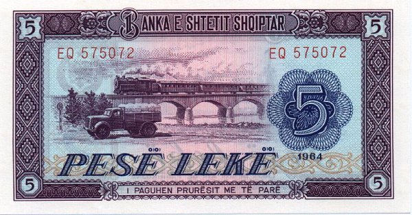 Front of Albania p35a: 5 Leke from 1964