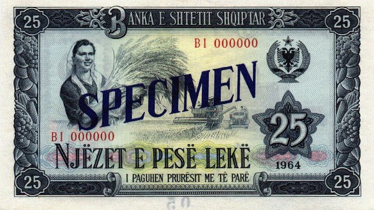 Front of Albania p37s: 25 Leke from 1964