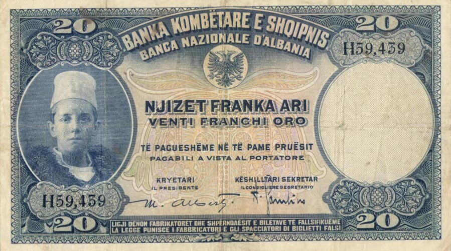 Front of Albania p3a: 20 Franka Ari from 1926