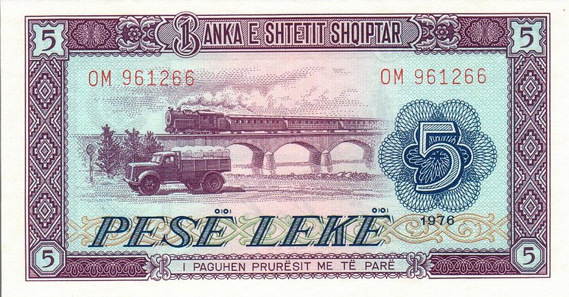 Front of Albania p42a: 5 Leke from 1976