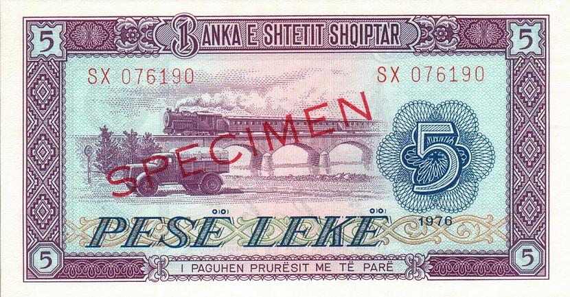 Front of Albania p42s2: 5 Leke from 1976