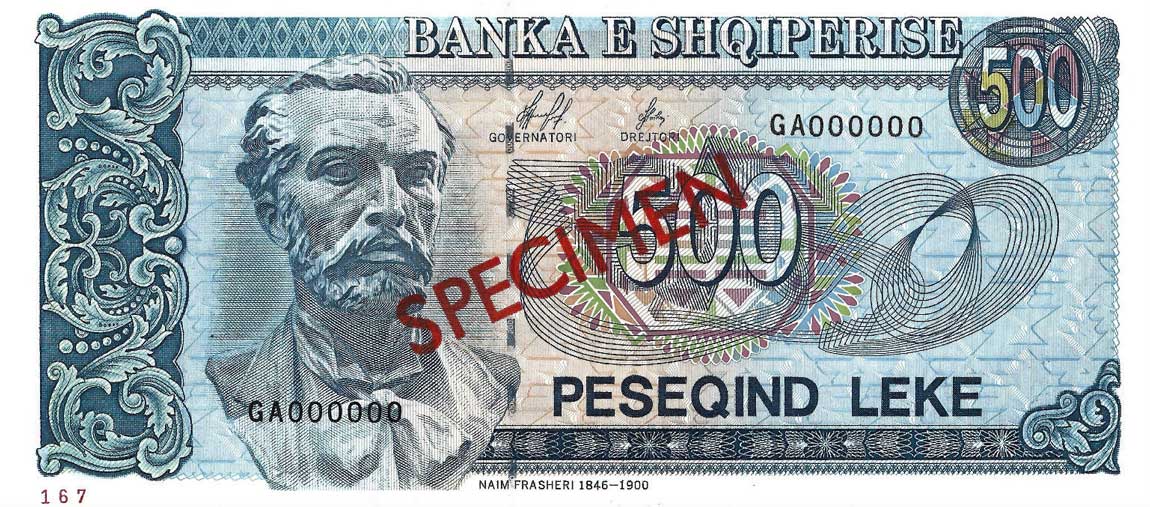 Front of Albania p60s: 500 Leke from 1996