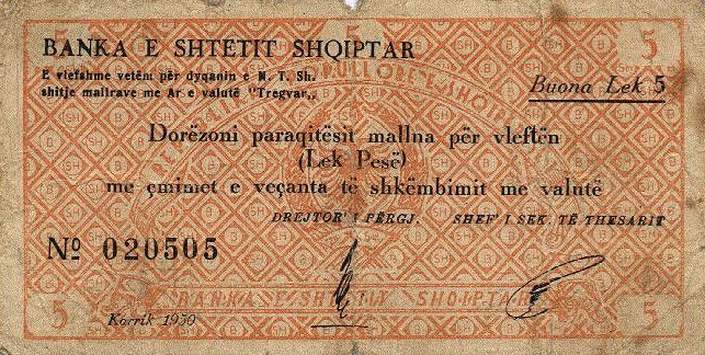 Front of Albania pFX1: 5 Leke from 1950