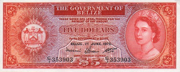 Front of Belize p35a: 5 Dollars from 1975