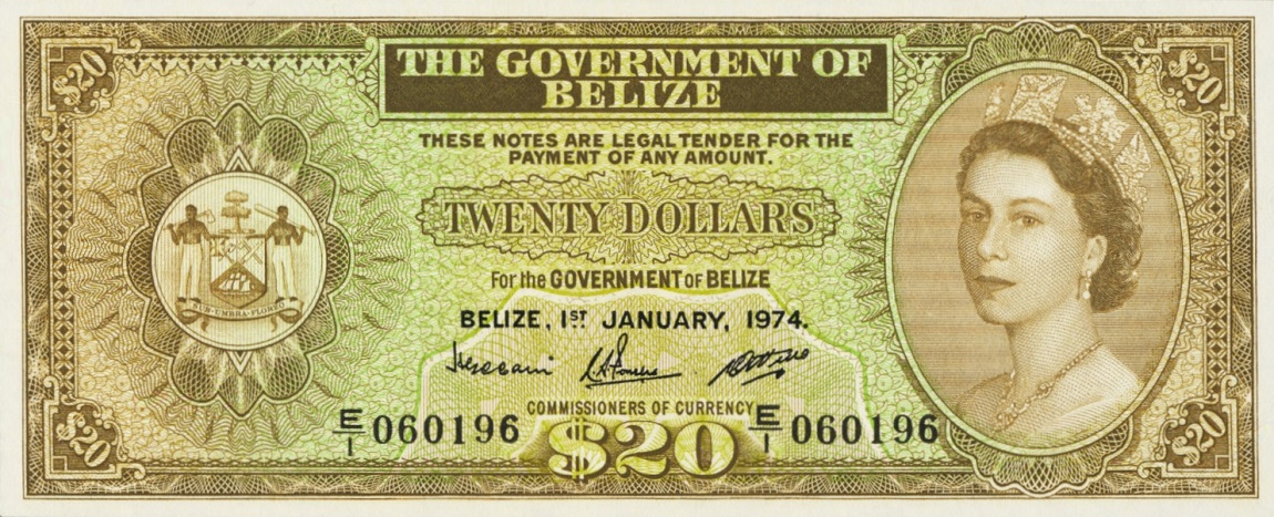 Front of Belize p37a: 20 Dollars from 1974