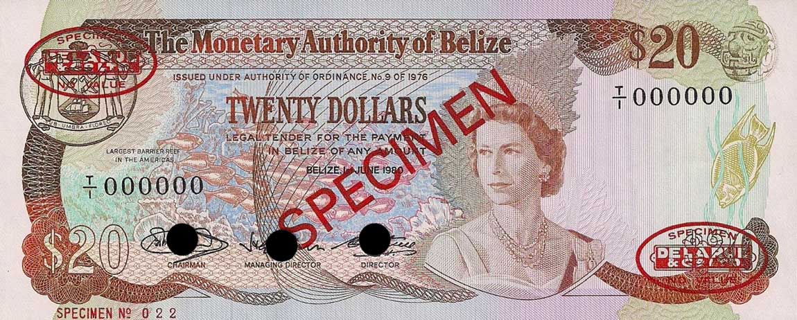 Front of Belize p41s: 20 Dollars from 1980