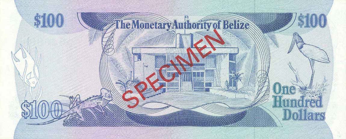 Back of Belize p42s: 100 Dollars from 1980