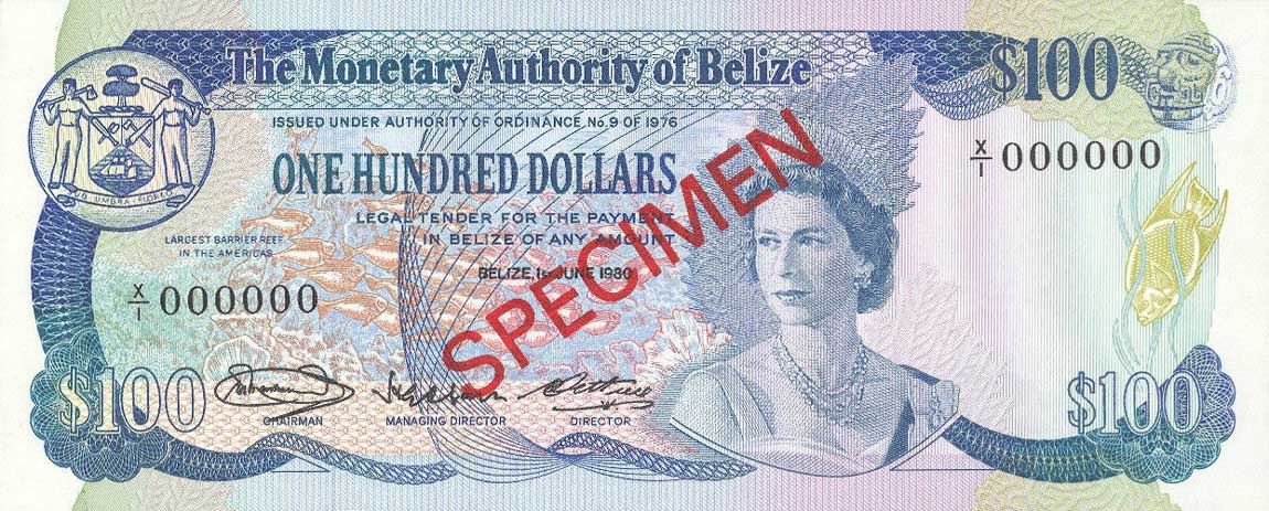 Front of Belize p42s: 100 Dollars from 1980