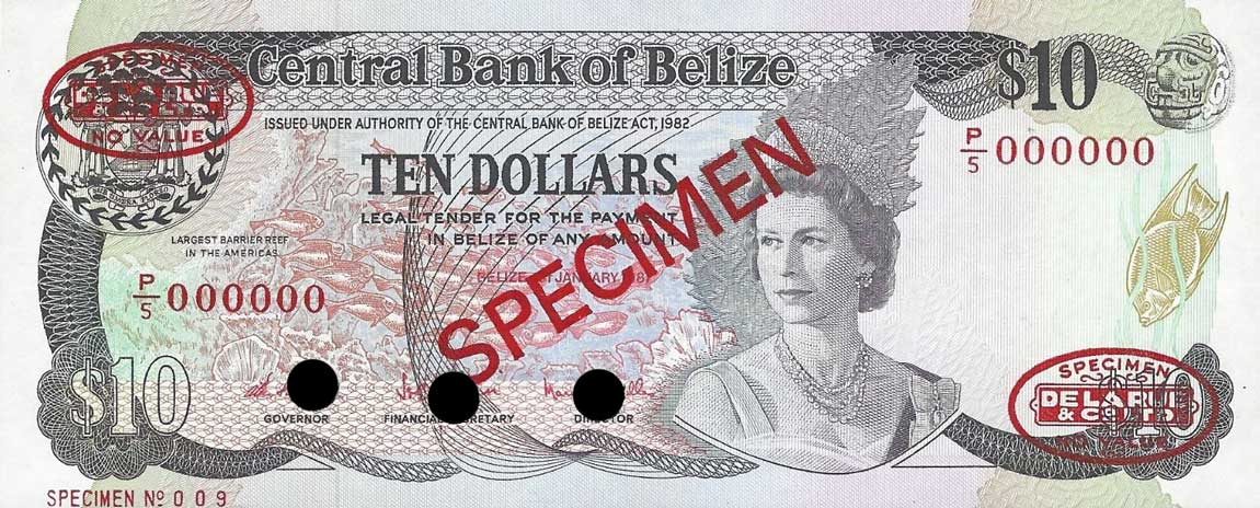 Front of Belize p44s: 10 Dollars from 1983
