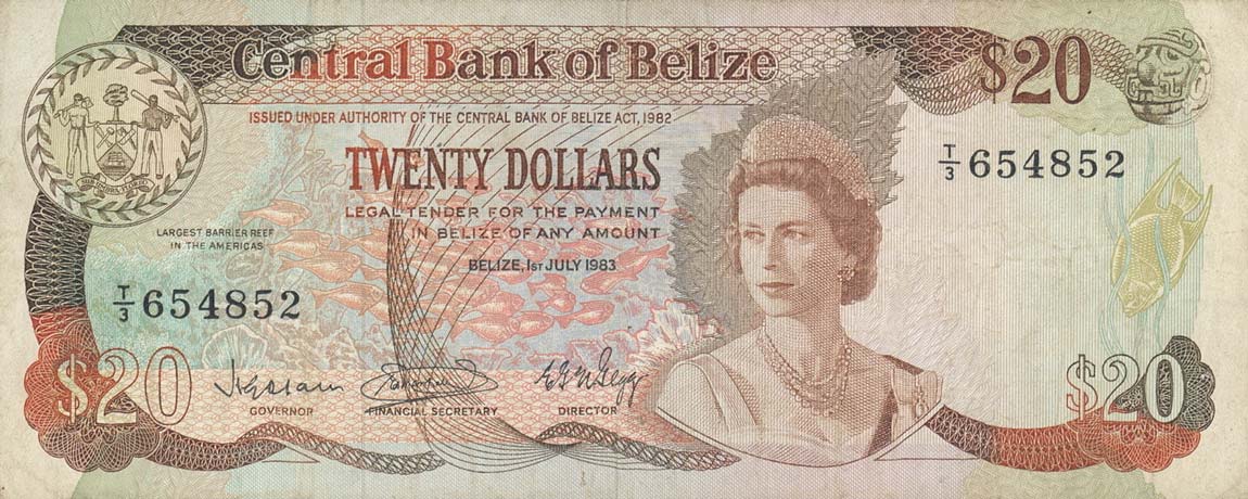 Front of Belize p45a: 20 Dollars from 1983