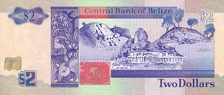 Back of Belize p52a: 2 Dollars from 1990