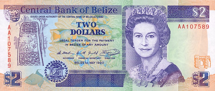 Front of Belize p52a: 2 Dollars from 1990