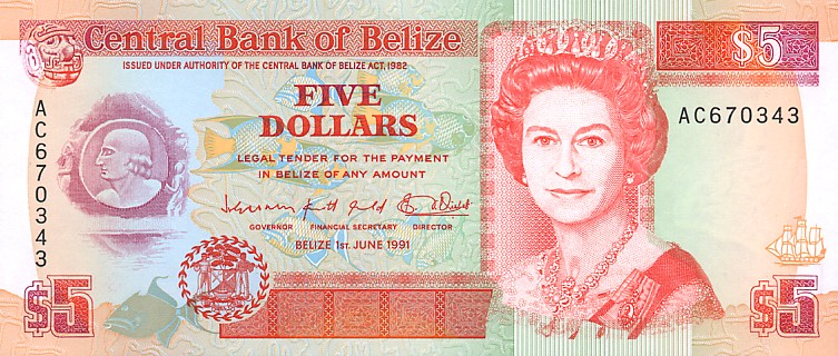 Front of Belize p53b: 5 Dollars from 1991