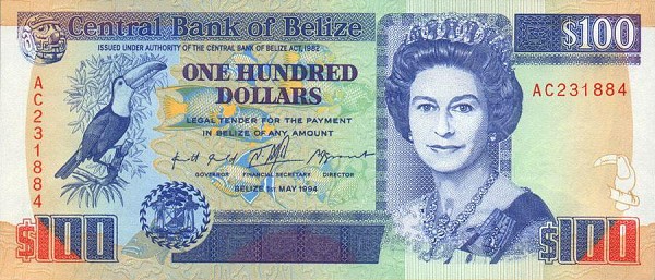 Front of Belize p57c: 100 Dollars from 1994