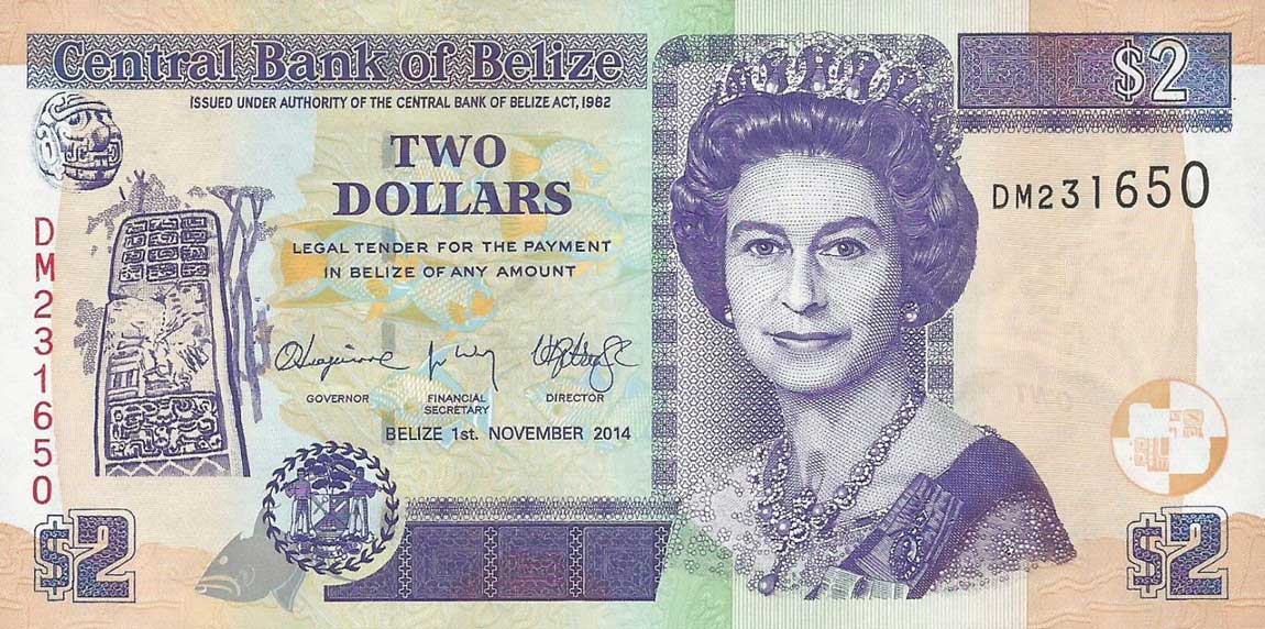 Front of Belize p66e: 2 Dollars from 2014