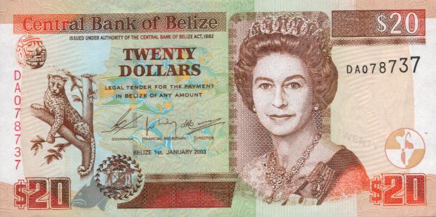 Front of Belize p69a: 20 Dollars from 2003