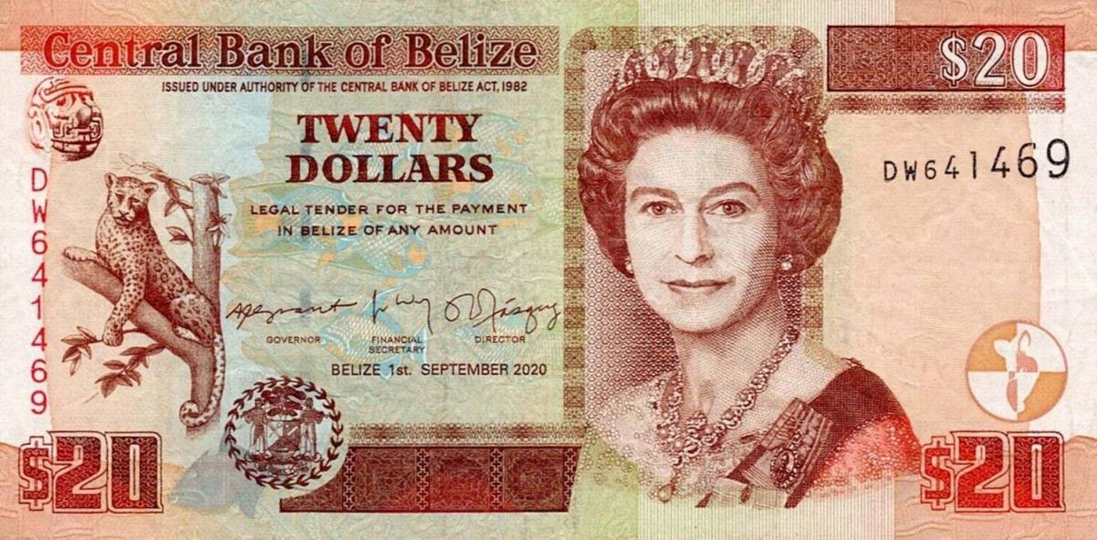 Front of Belize p69g: 20 Dollars from 2020