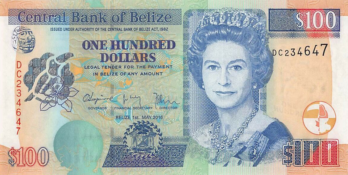 Front of Belize p71c: 100 Dollars from 2016