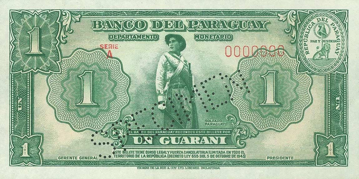 Front of Paraguay p178s: 1 Guarani from 1943