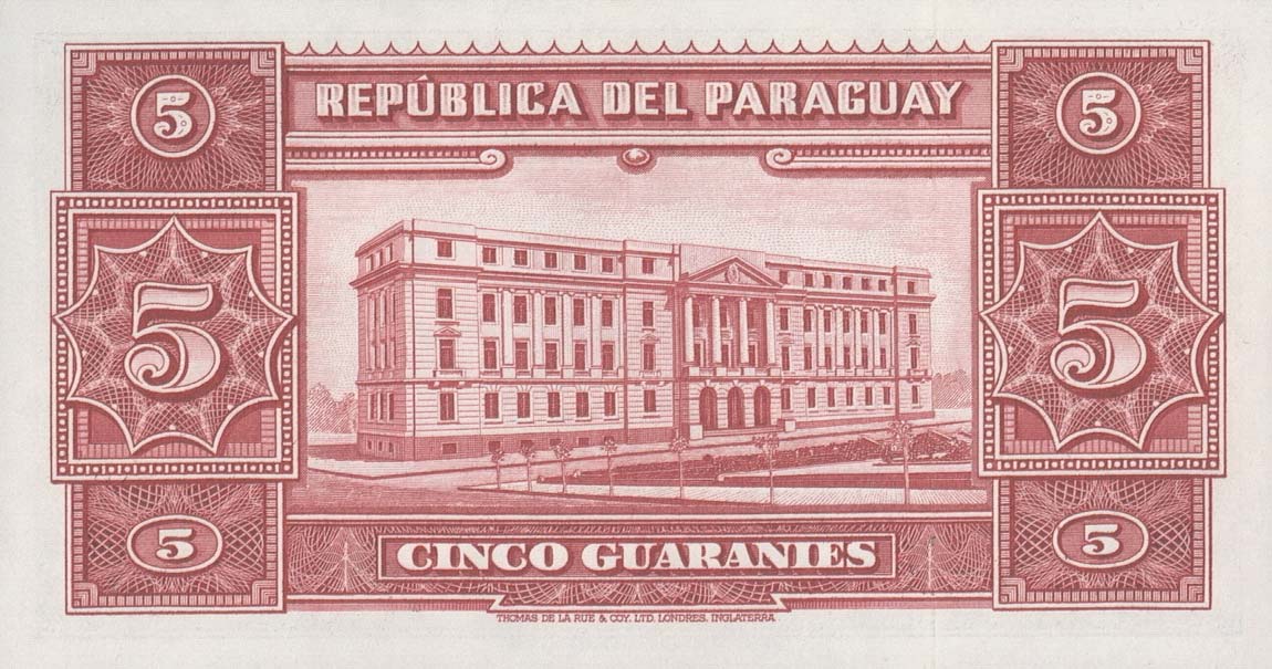 Back of Paraguay p186a: 5 Guaranies from 1952