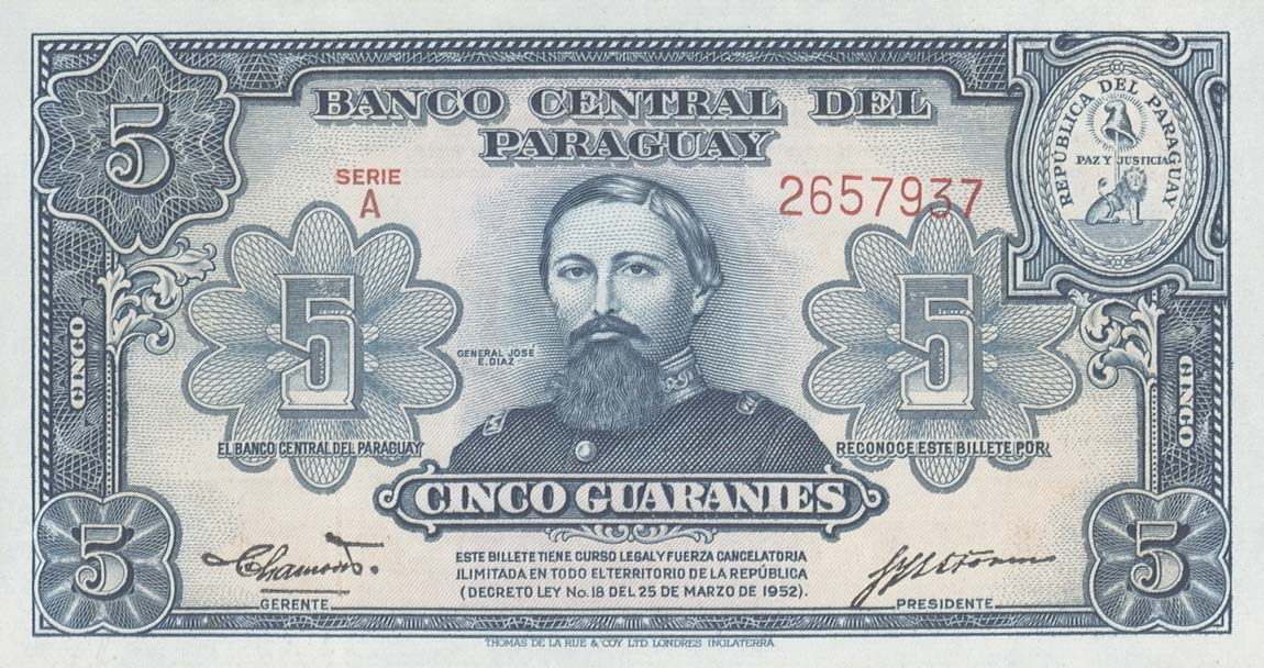 Front of Paraguay p186a: 5 Guaranies from 1952